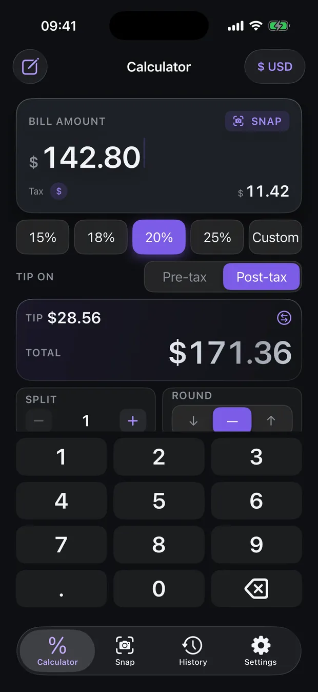 The Calculator screen: a $142.80 bill with 20% tip and a $171.36 total