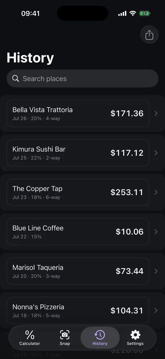 The History screen listing past tips by restaurant with dates, percentages and totals